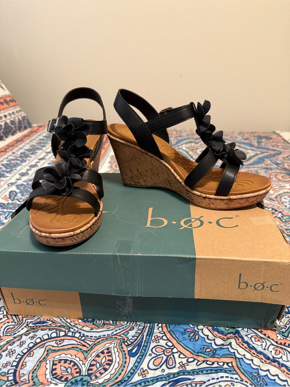 b.o.c. Black Floral Strap Cork Wedge Sandals